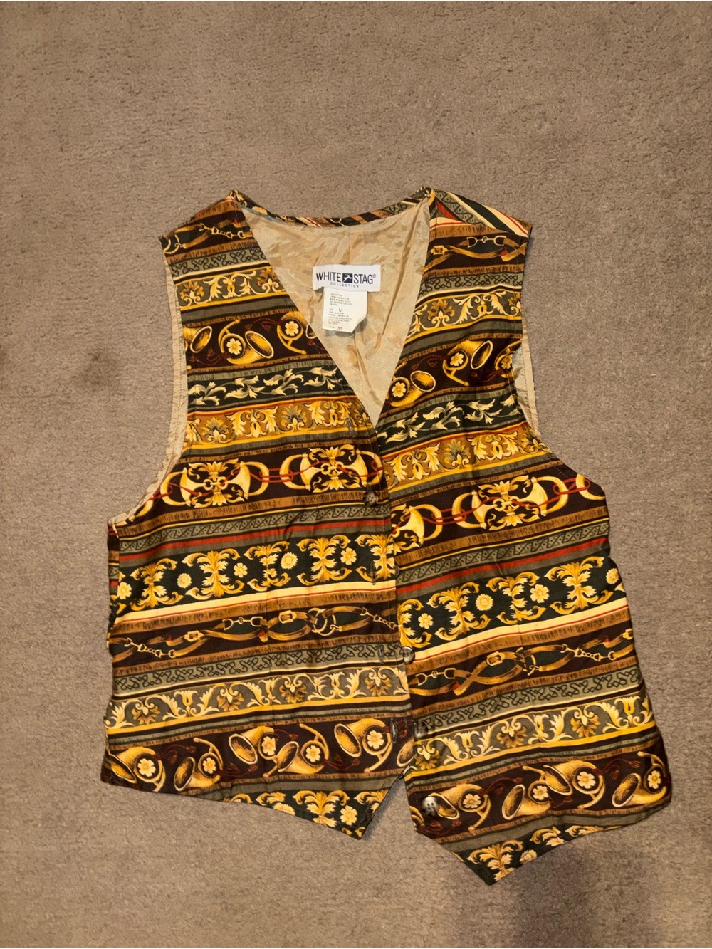Vintage White Stag Brown and Gold Baroque Patterned Vest